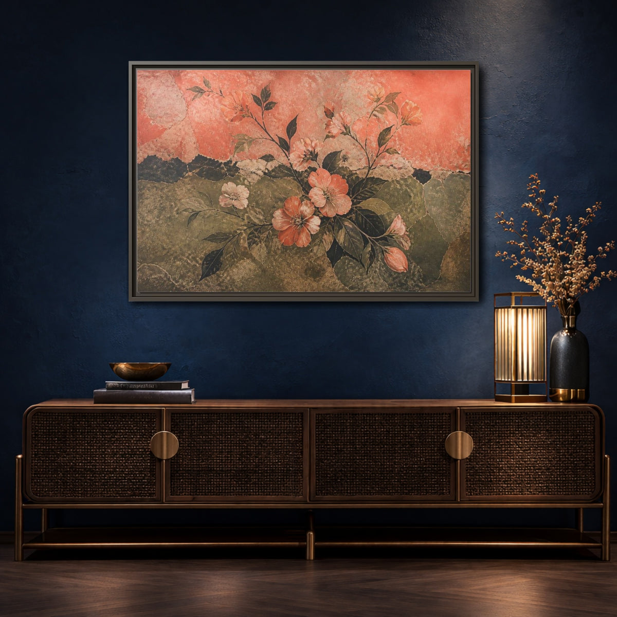 Mockup 4. Coral Blossom Fresco shown as framed canvas print