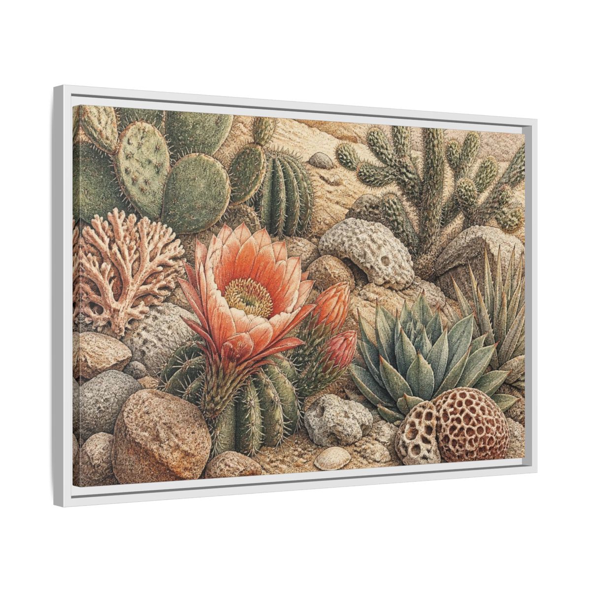 Side Mockup 10. Coral Cactus Bloom shown as framed canvas print