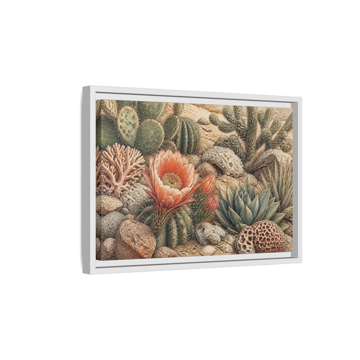 Side Mockup 4. Coral Cactus Bloom shown as framed canvas print
