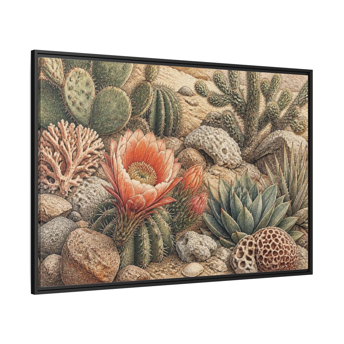 Side Mockup 12. Coral Cactus Bloom shown as framed canvas print