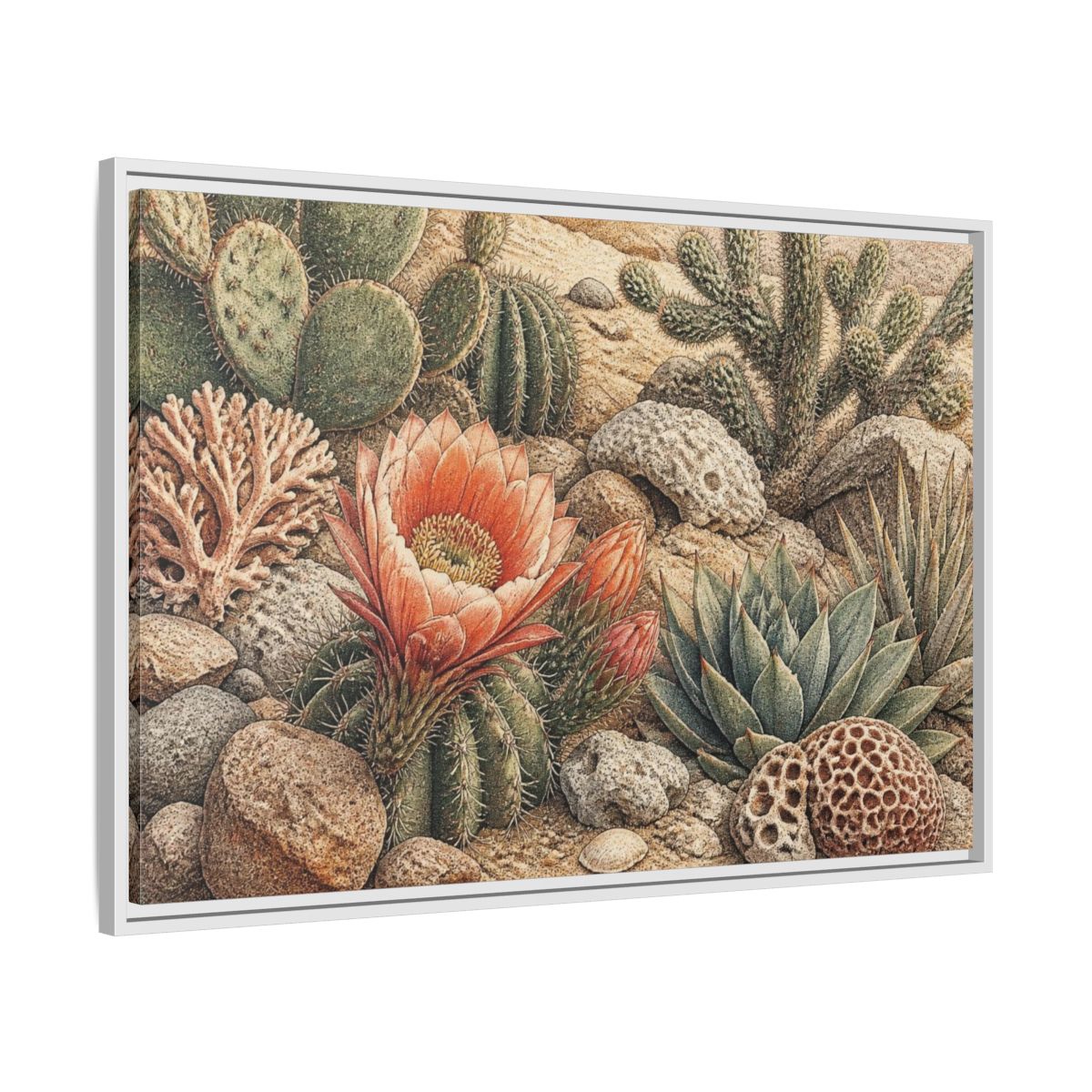 Side Mockup 9. Coral Cactus Bloom shown as framed canvas print
