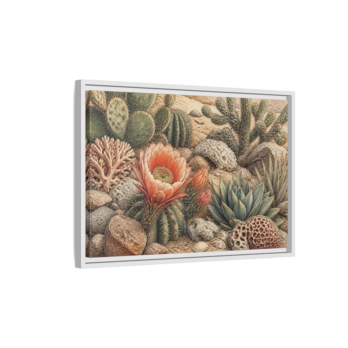 Side Mockup 1. Coral Cactus Bloom shown as framed canvas print