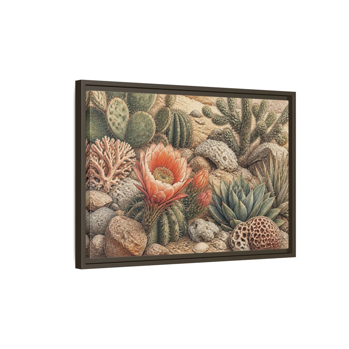 Side Mockup 2. Coral Cactus Bloom shown as framed canvas print