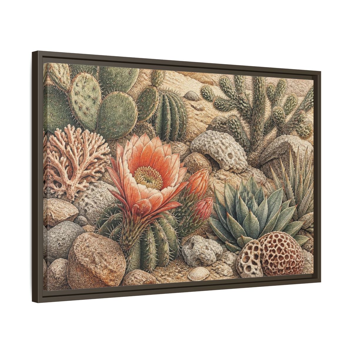 Side Mockup 11. Coral Cactus Bloom shown as framed canvas print