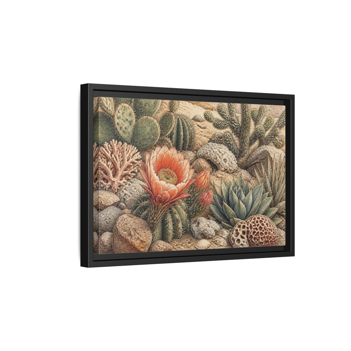 Side Mockup 6. Coral Cactus Bloom shown as framed canvas print