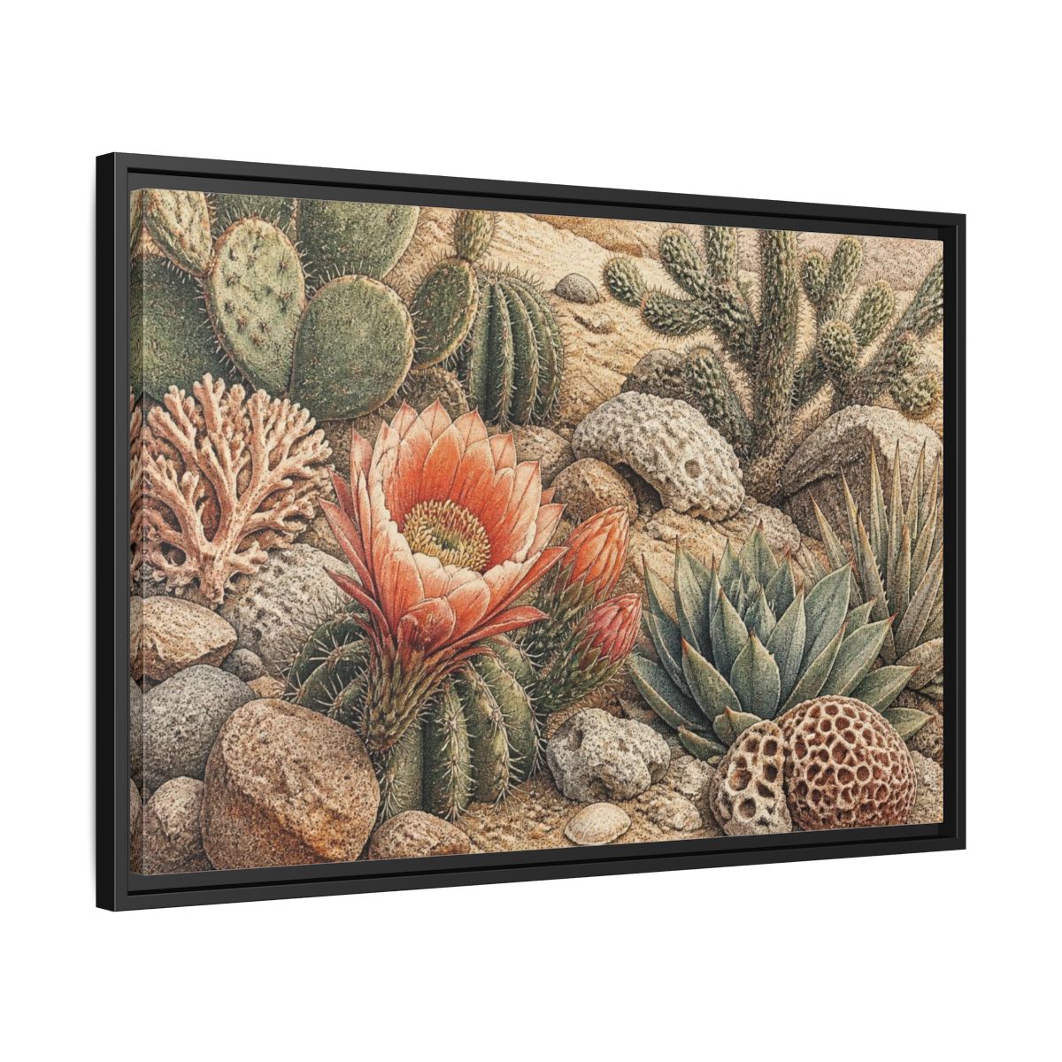 Side Mockup 14. Coral Cactus Bloom shown as framed canvas print