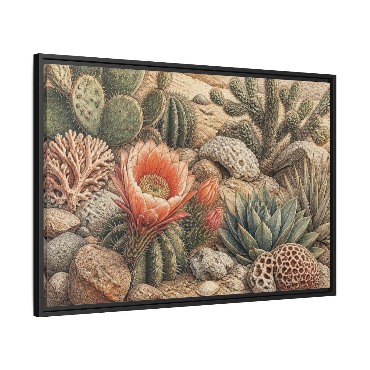 Side Mockup 13. Coral Cactus Bloom shown as framed canvas print