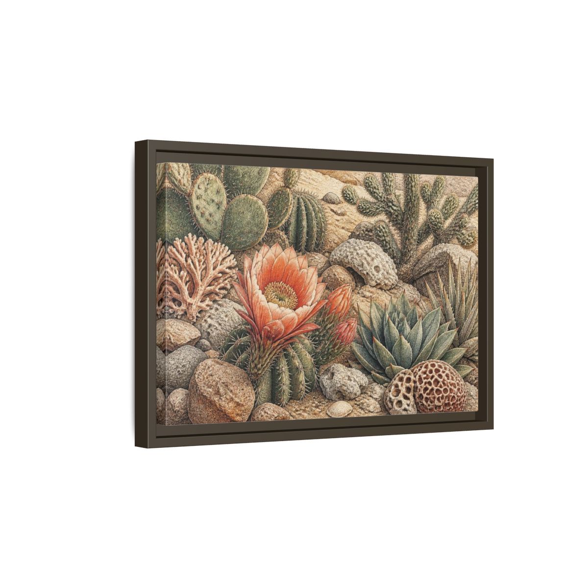 Side Mockup 5. Coral Cactus Bloom shown as framed canvas print