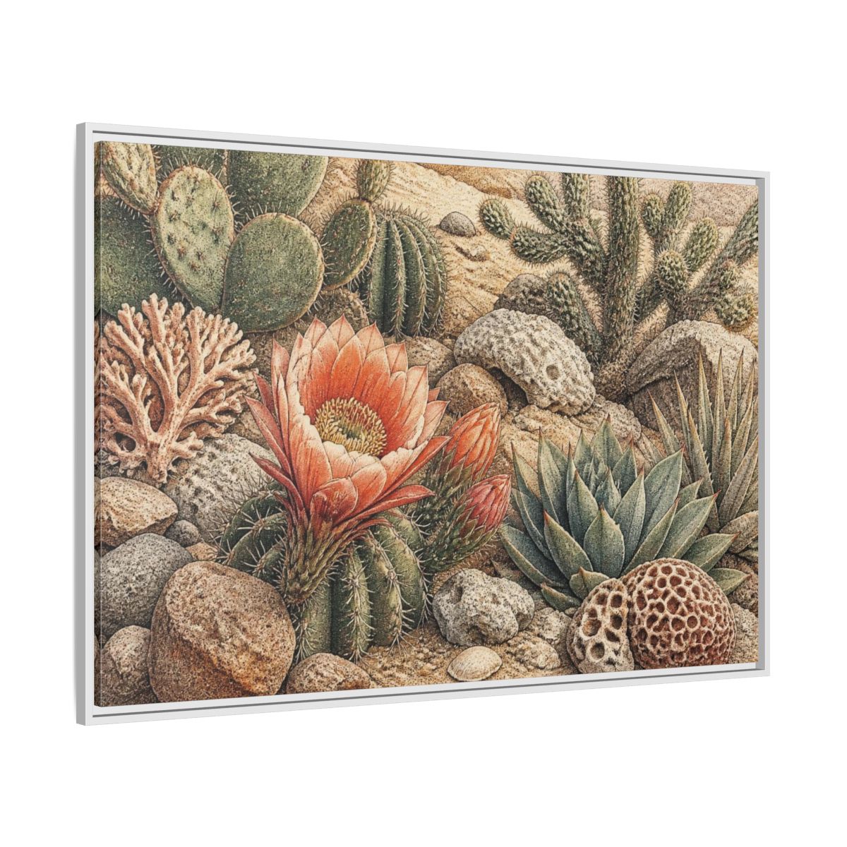 Side Mockup 7. Coral Cactus Bloom shown as framed canvas print