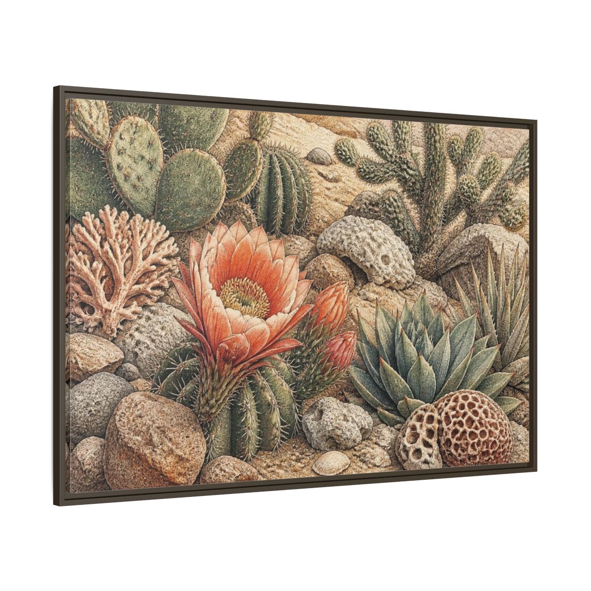Side Mockup 8. Coral Cactus Bloom shown as framed canvas print