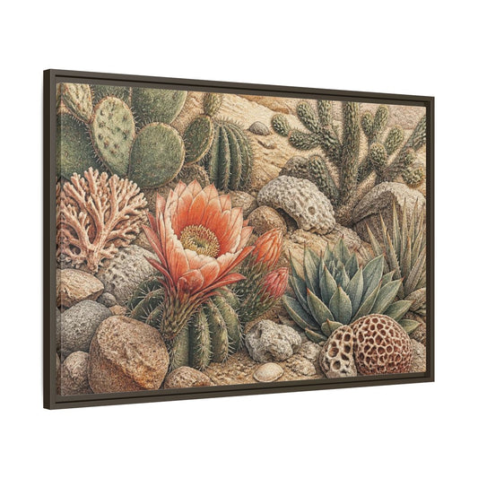 Main Mockup. Coral Cactus Bloom shown as framed canvas print
