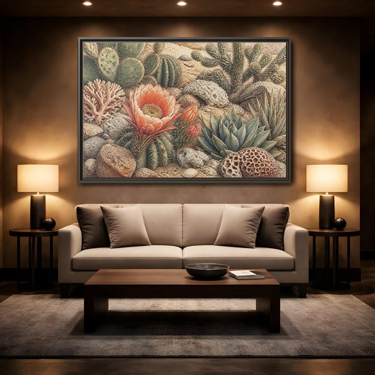 Mockup 2. Coral Cactus Bloom shown as framed canvas print
