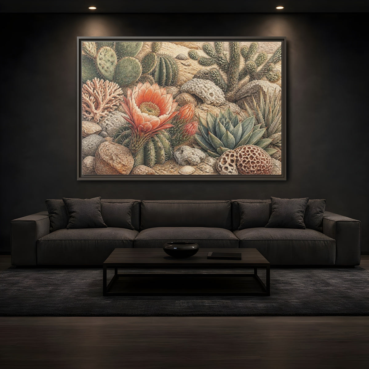 Mockup 3. Coral Cactus Bloom shown as framed canvas print
