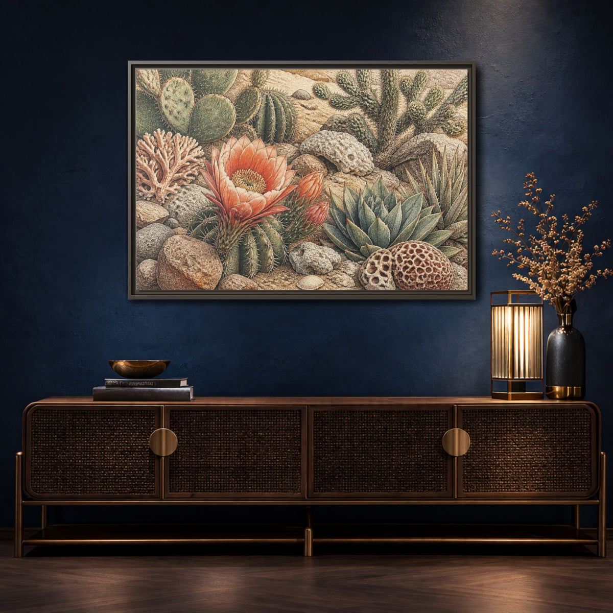 Mockup 4. Coral Cactus Bloom shown as framed canvas print