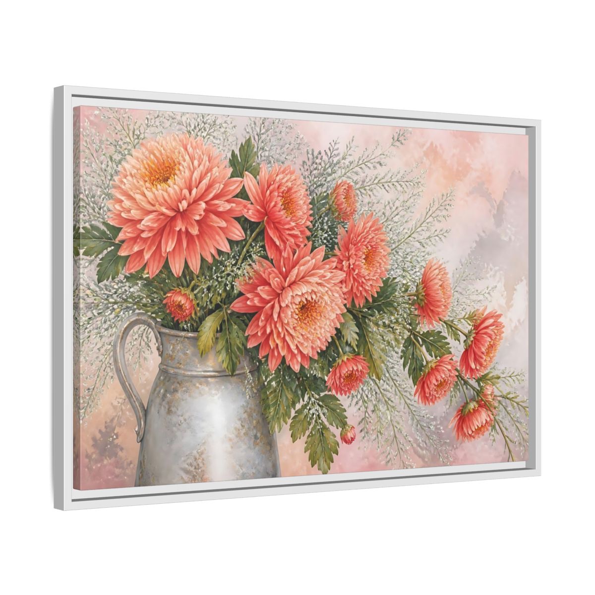 Side Mockup 10. Coral Chrysanthemum Bouquet shown as framed canvas print
