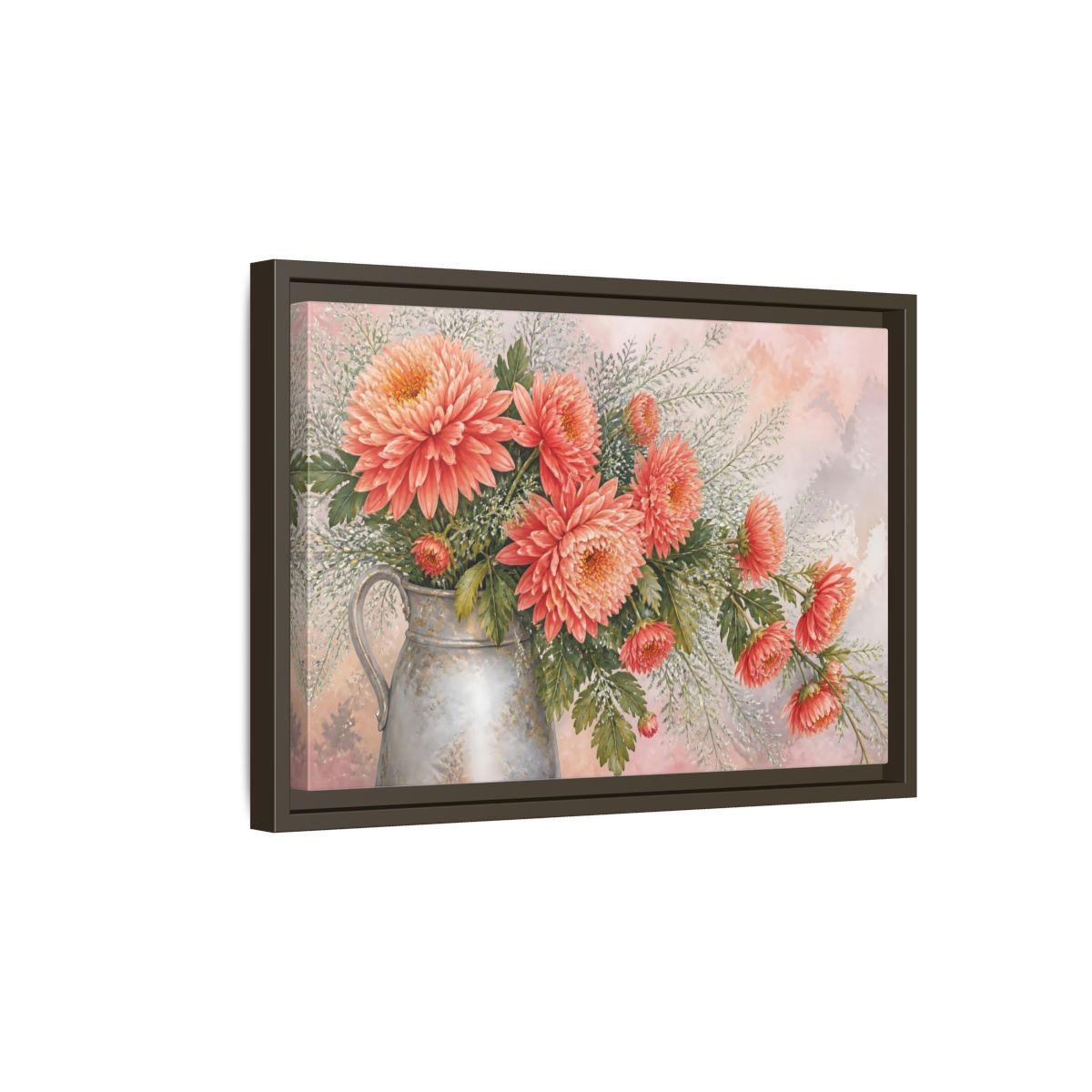 Side Mockup 5. Coral Chrysanthemum Bouquet shown as framed canvas print