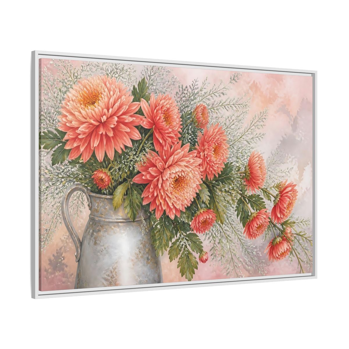 Side Mockup 7. Coral Chrysanthemum Bouquet shown as framed canvas print