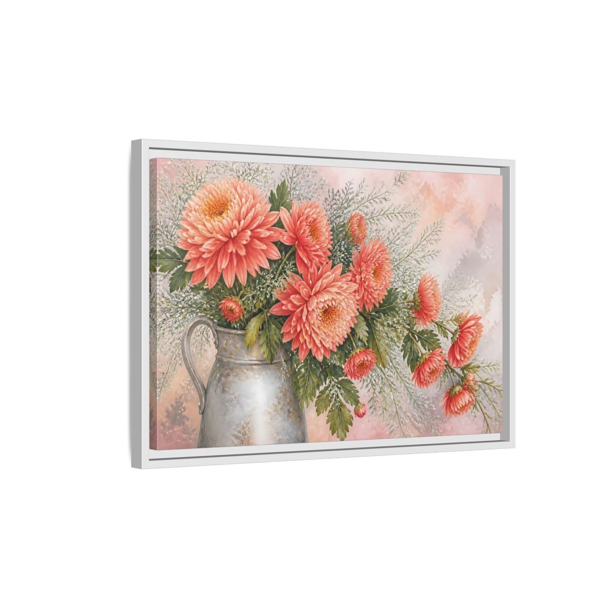 Side Mockup 1. Coral Chrysanthemum Bouquet shown as framed canvas print