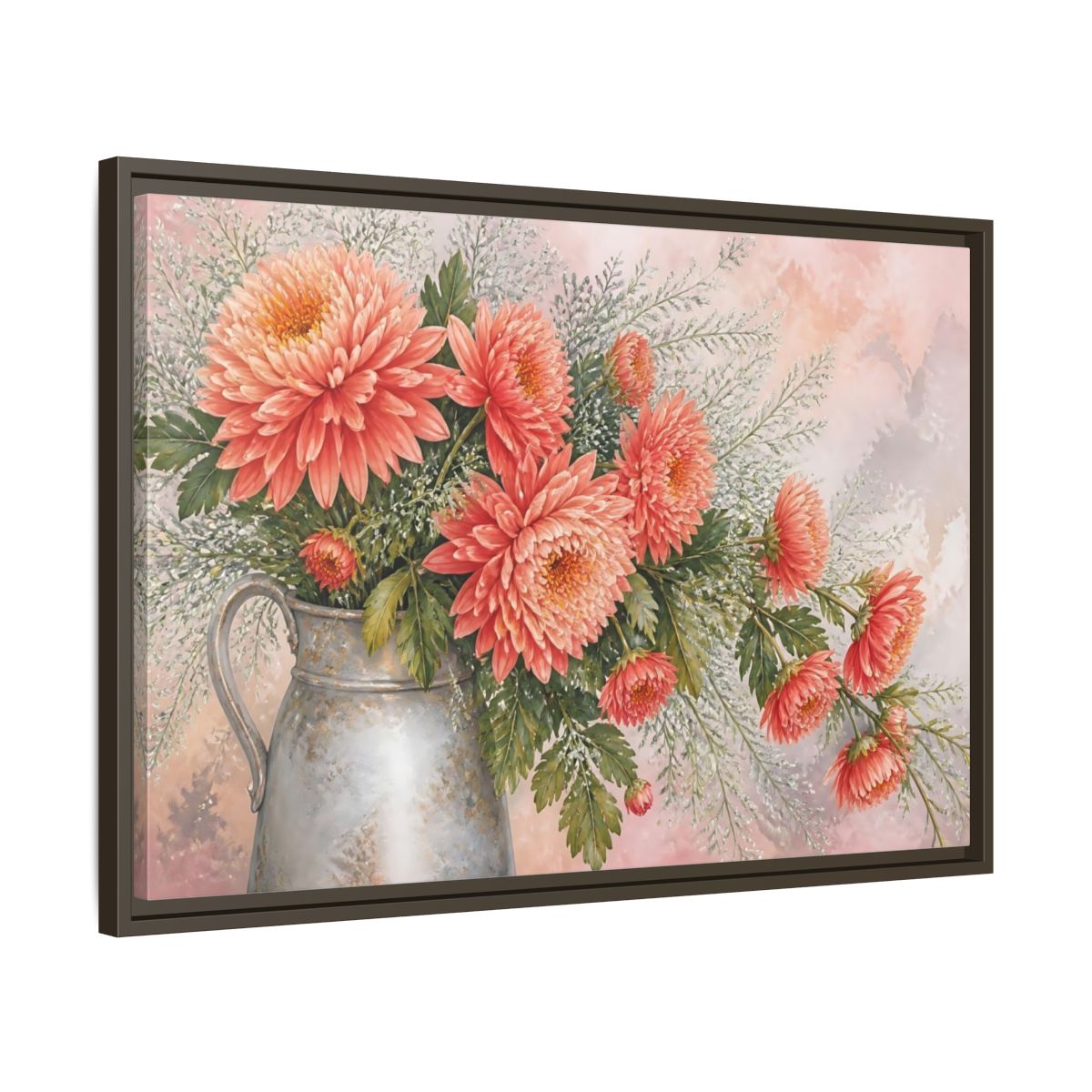 Side Mockup 11. Coral Chrysanthemum Bouquet shown as framed canvas print