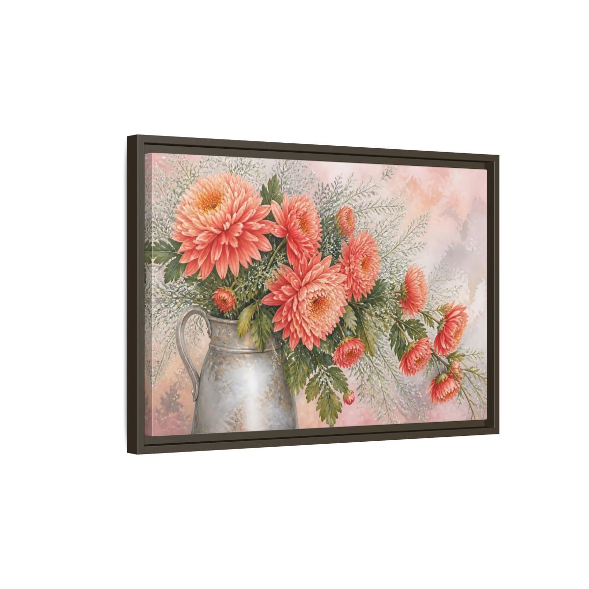 Side Mockup 2. Coral Chrysanthemum Bouquet shown as framed canvas print