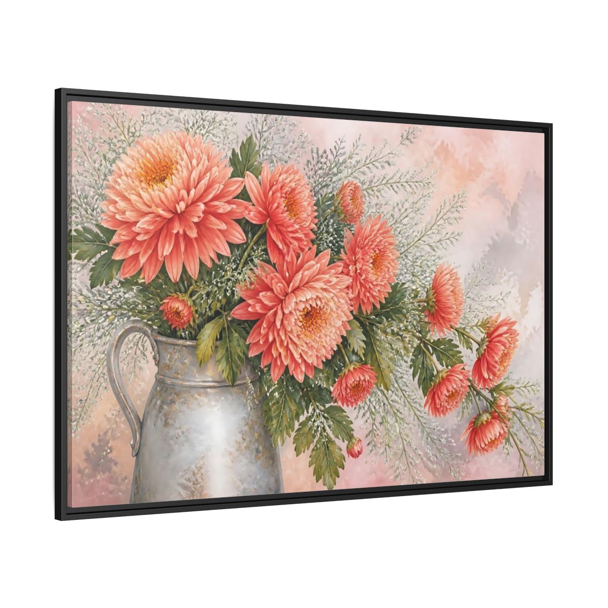 Side Mockup 12. Coral Chrysanthemum Bouquet shown as framed canvas print