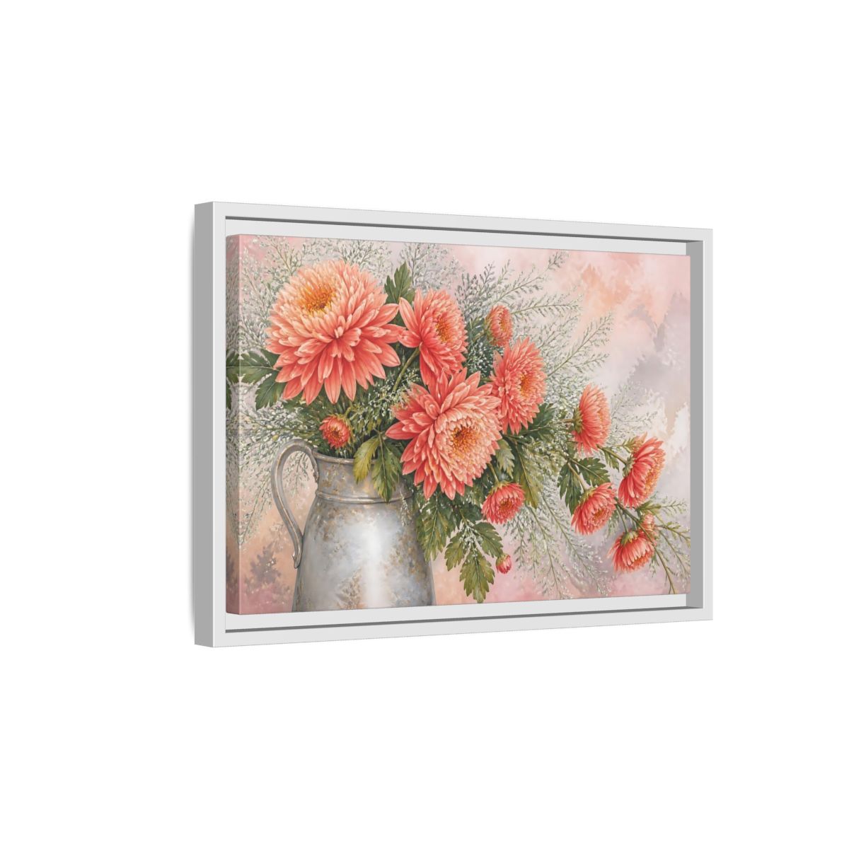 Side Mockup 4. Coral Chrysanthemum Bouquet shown as framed canvas print