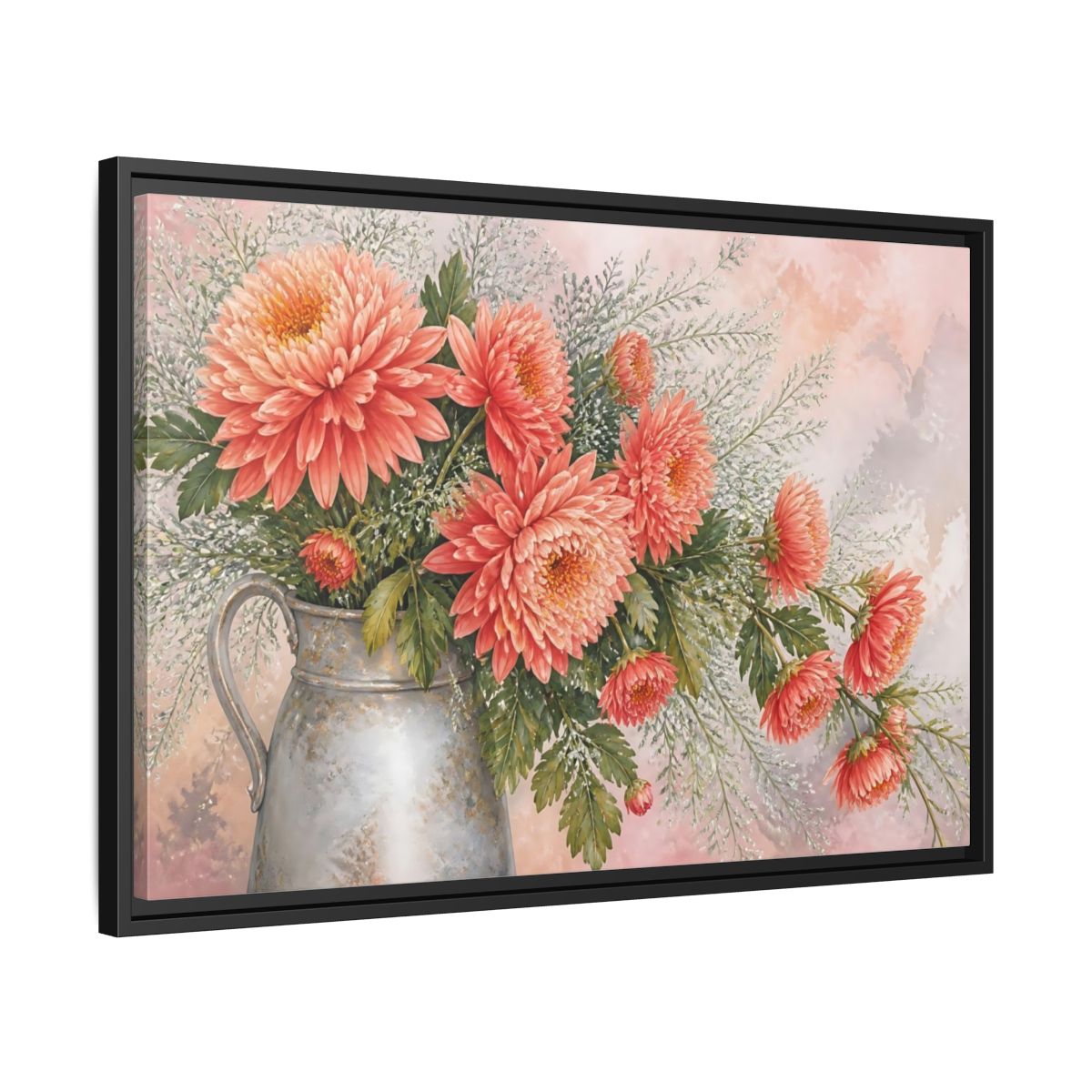 Side Mockup 14. Coral Chrysanthemum Bouquet shown as framed canvas print