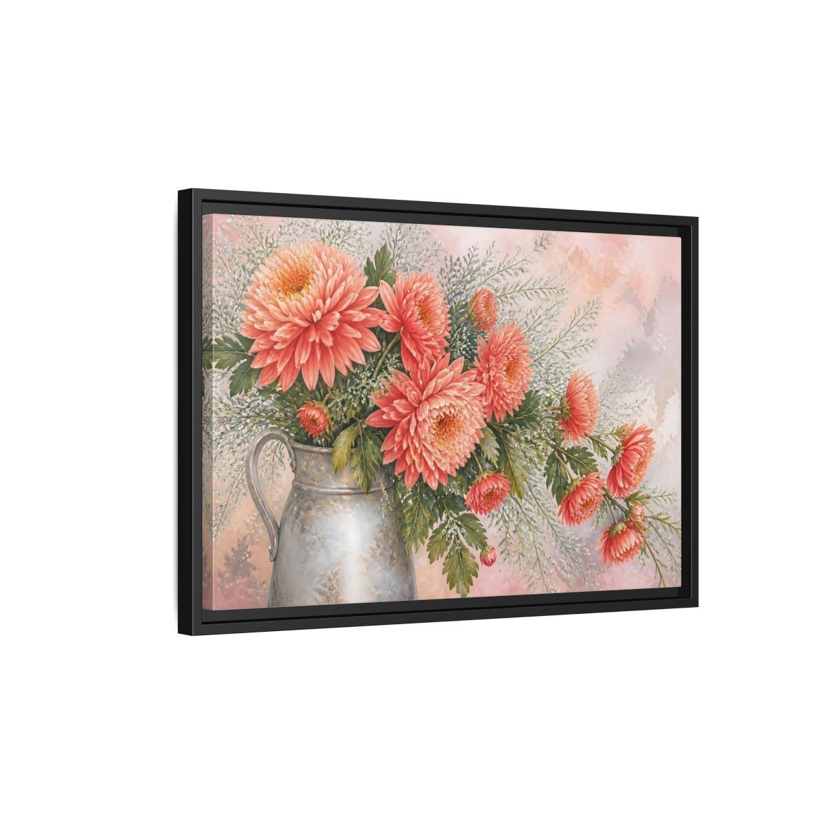 Side Mockup 3. Coral Chrysanthemum Bouquet shown as framed canvas print