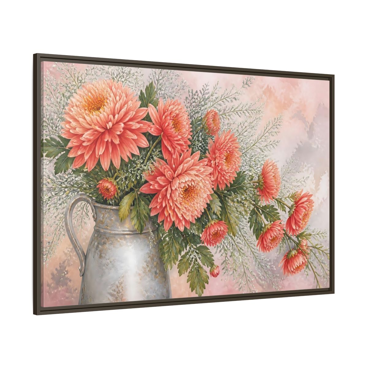 Side Mockup 8. Coral Chrysanthemum Bouquet shown as framed canvas print