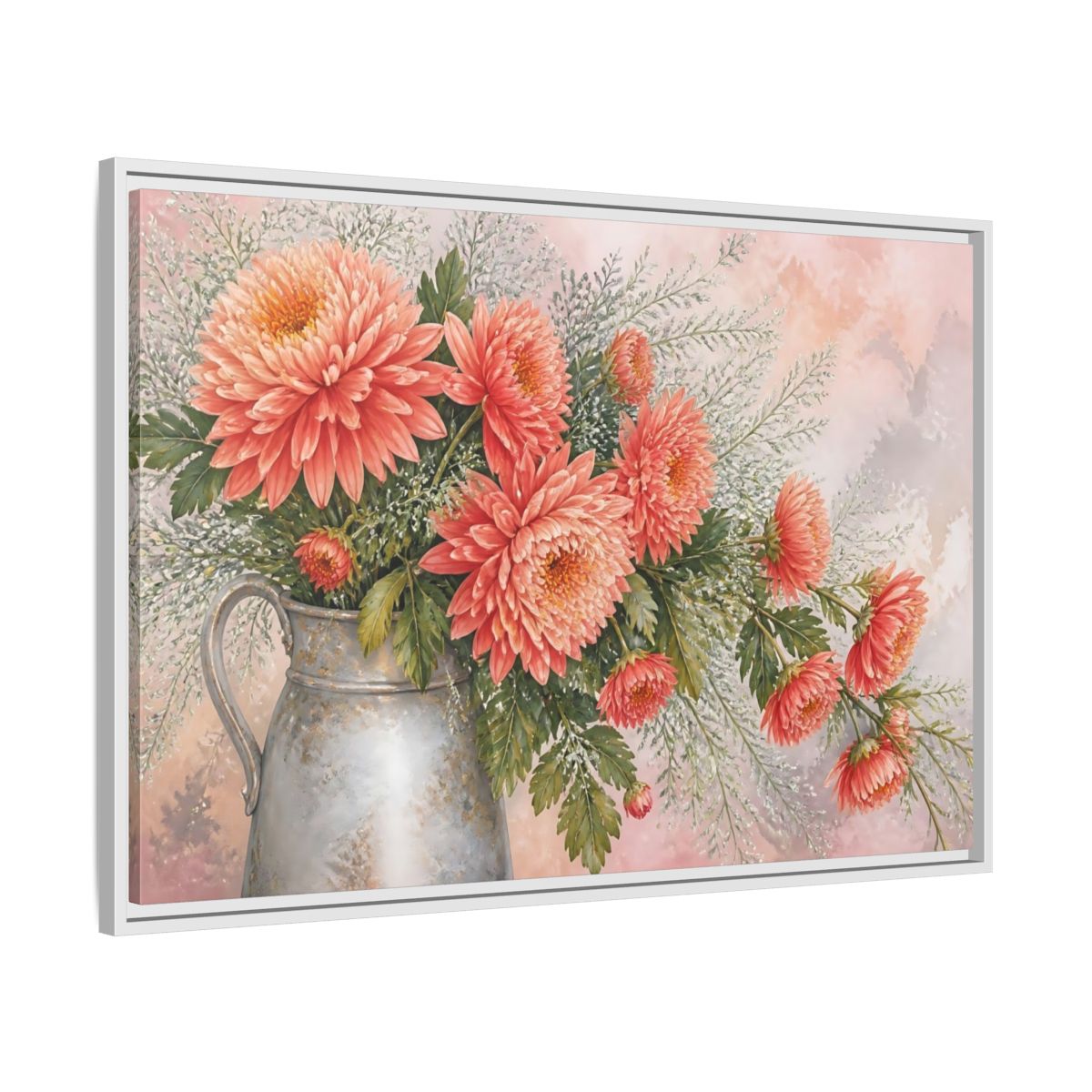 Side Mockup 9. Coral Chrysanthemum Bouquet shown as framed canvas print