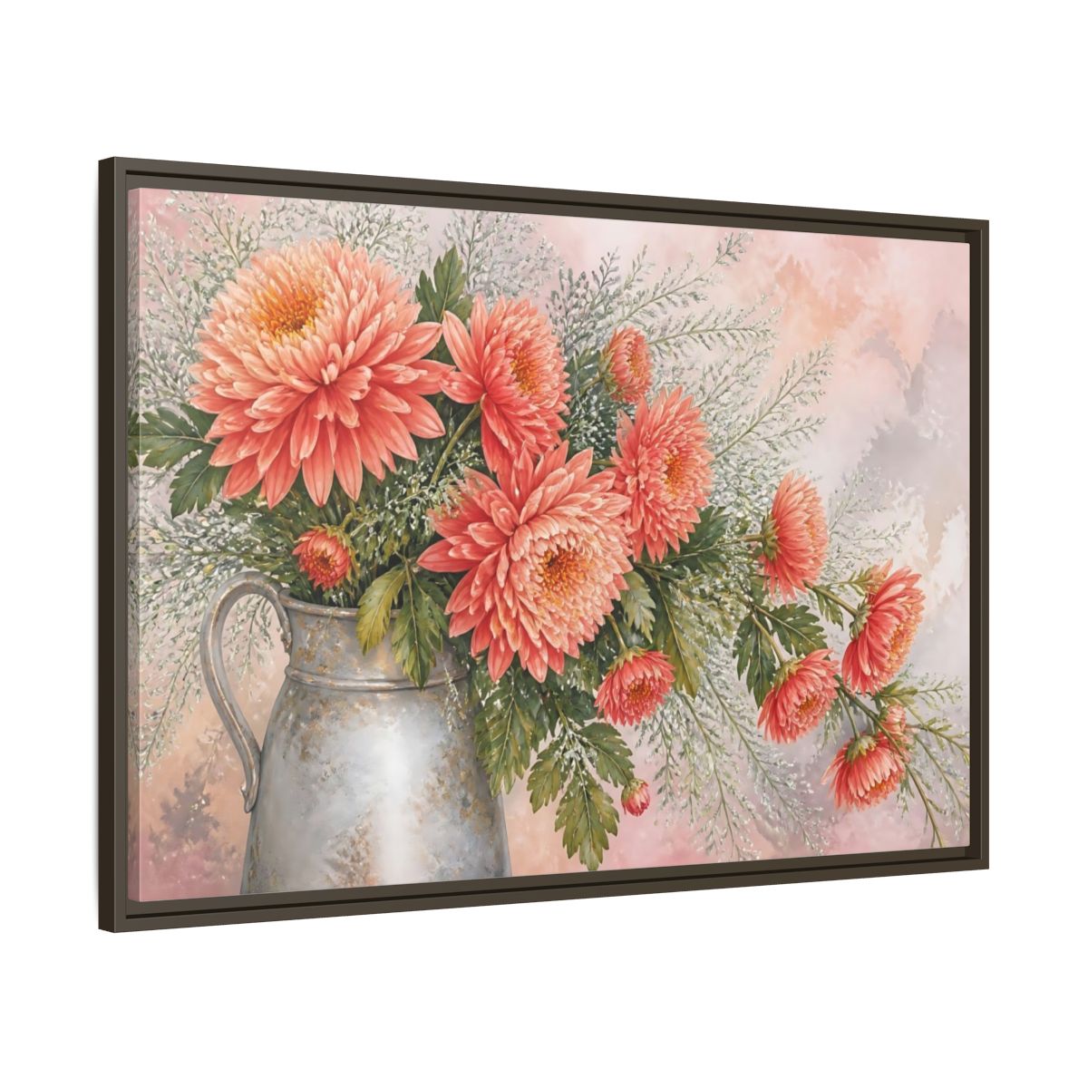 Main Mockup. Coral Chrysanthemum Bouquet shown as framed canvas print