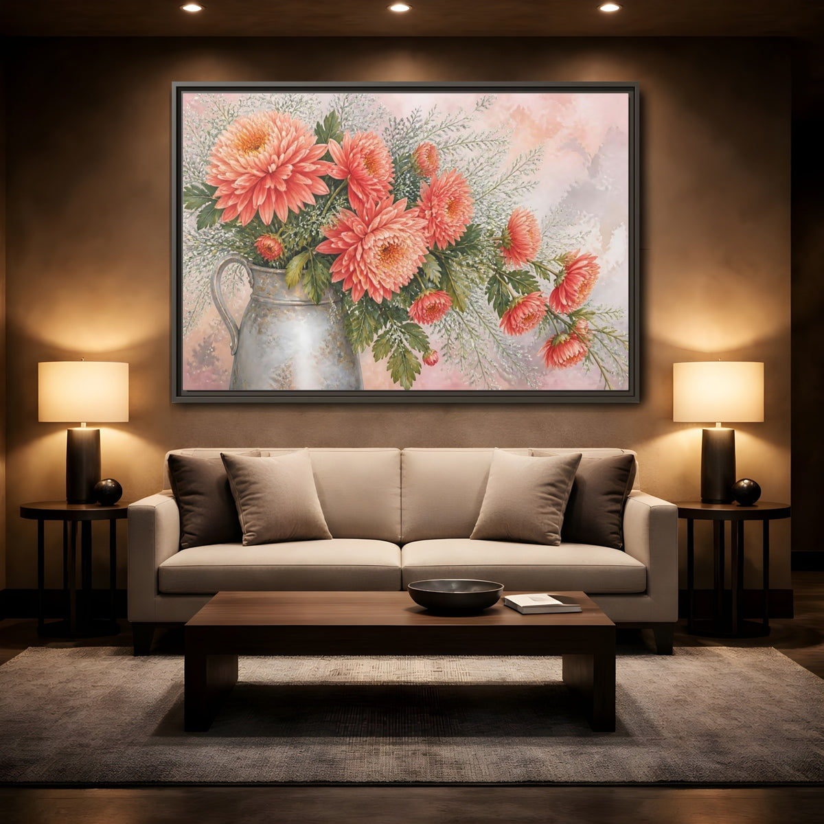 Mockup 2. Coral Chrysanthemum Bouquet shown as framed canvas print