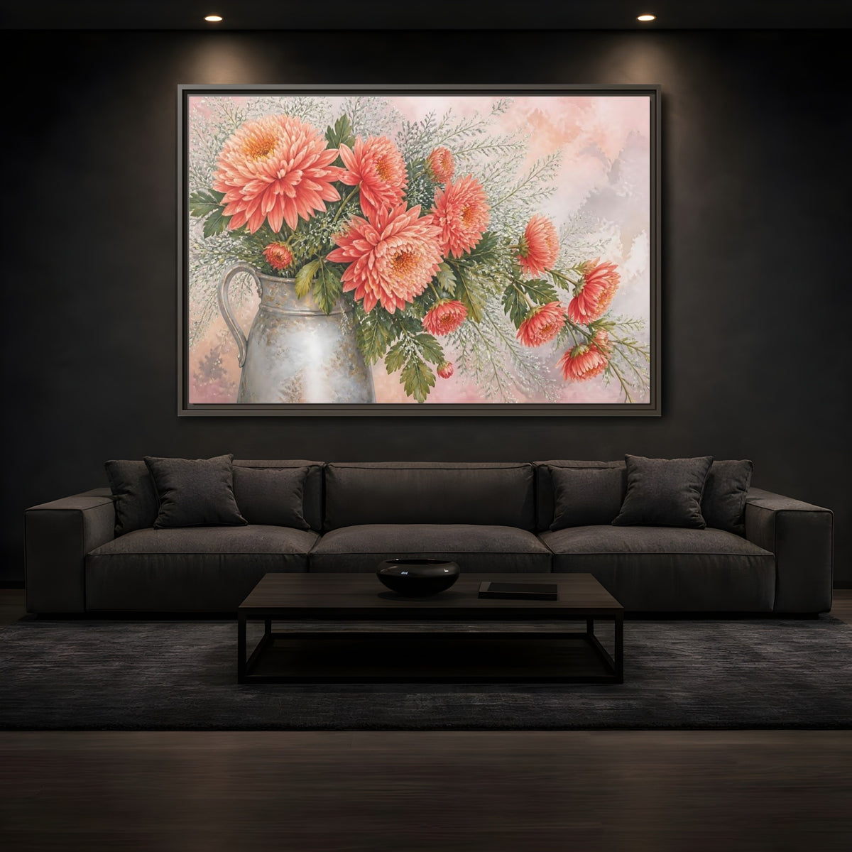 Mockup 3. Coral Chrysanthemum Bouquet shown as framed canvas print