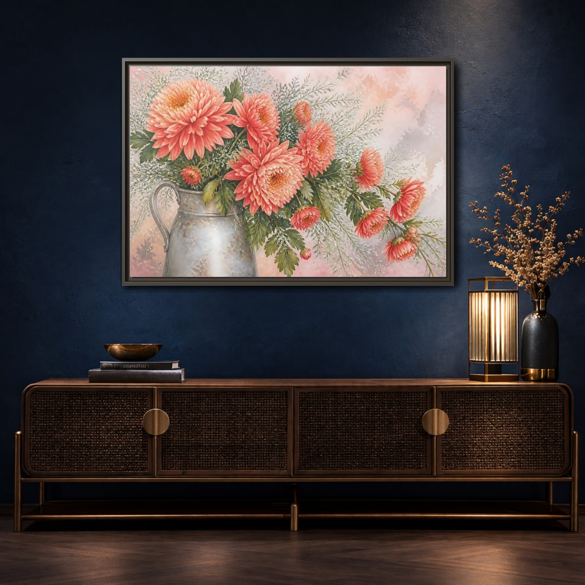 Mockup 4. Coral Chrysanthemum Bouquet shown as framed canvas print