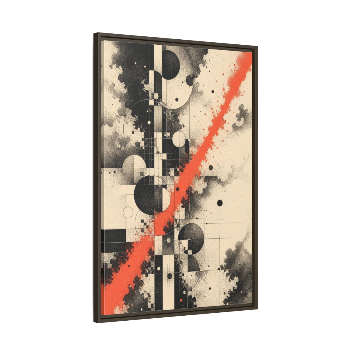 Main Mockup. Coral Diagonal Geometric Grid shown as framed canvas print
