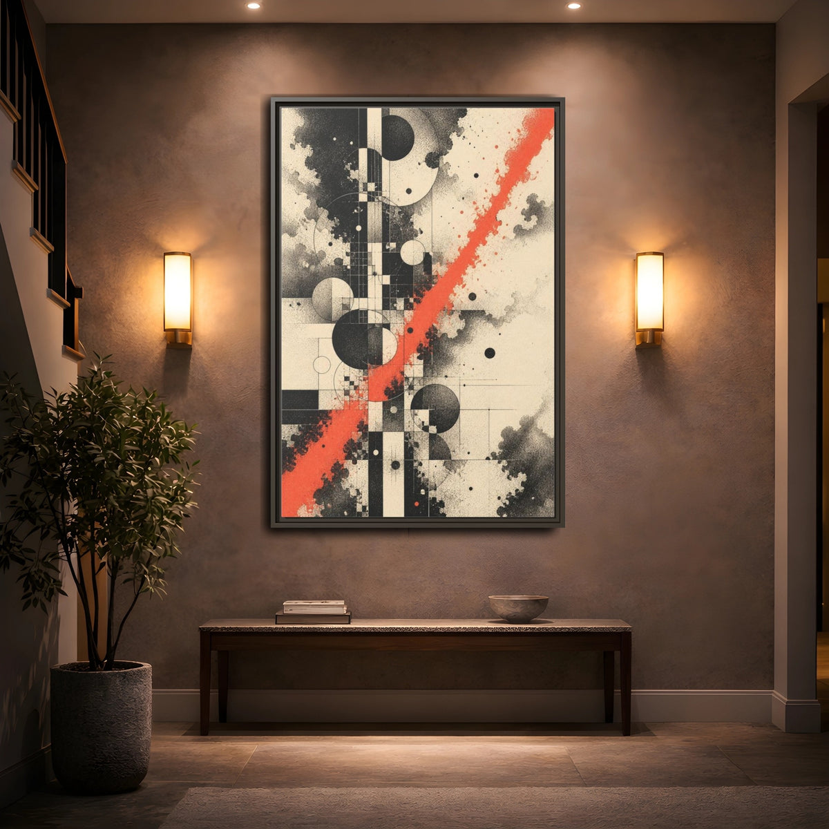 Mockup 2. Coral Diagonal Geometric Grid shown as framed canvas print