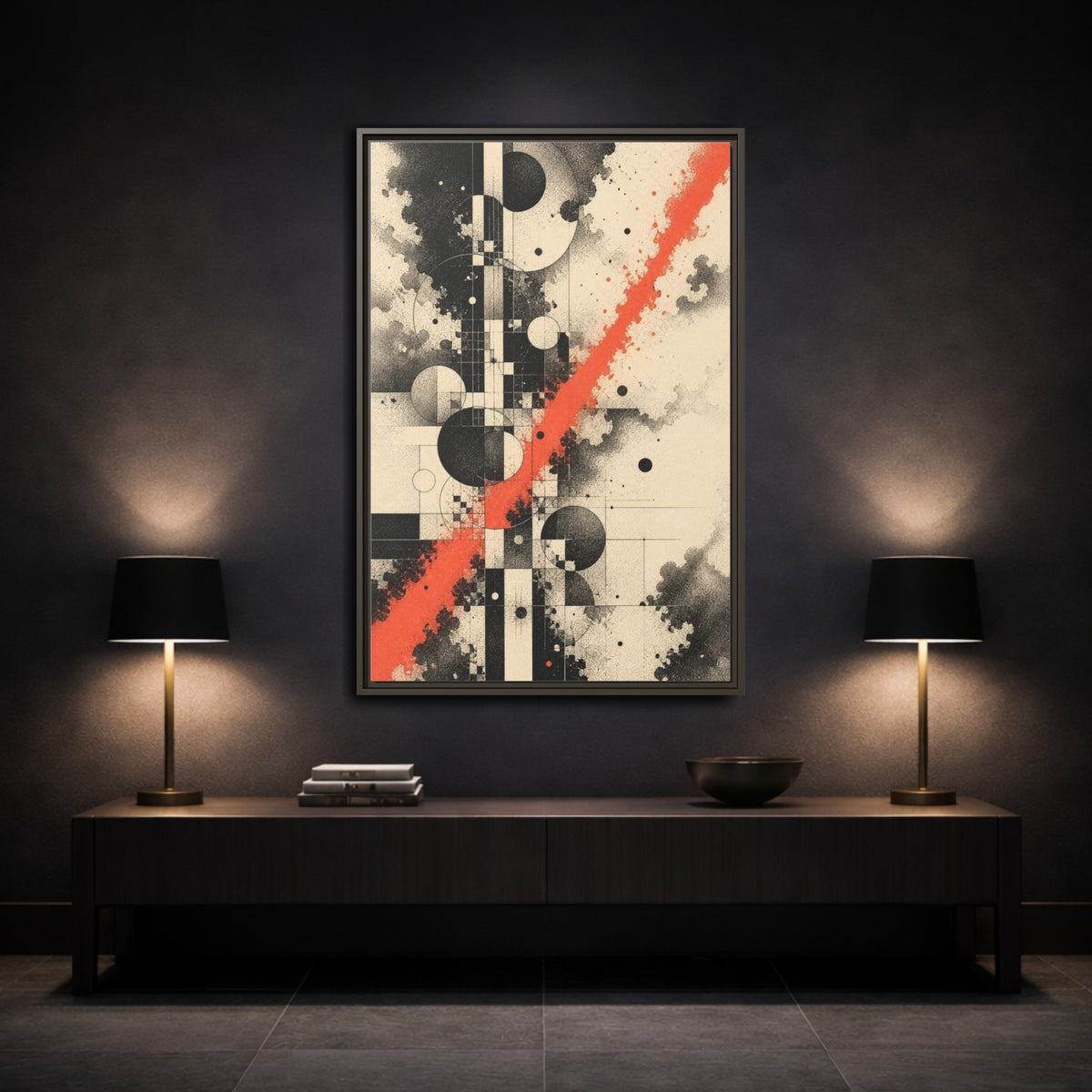Mockup 3. Coral Diagonal Geometric Grid shown as framed canvas print