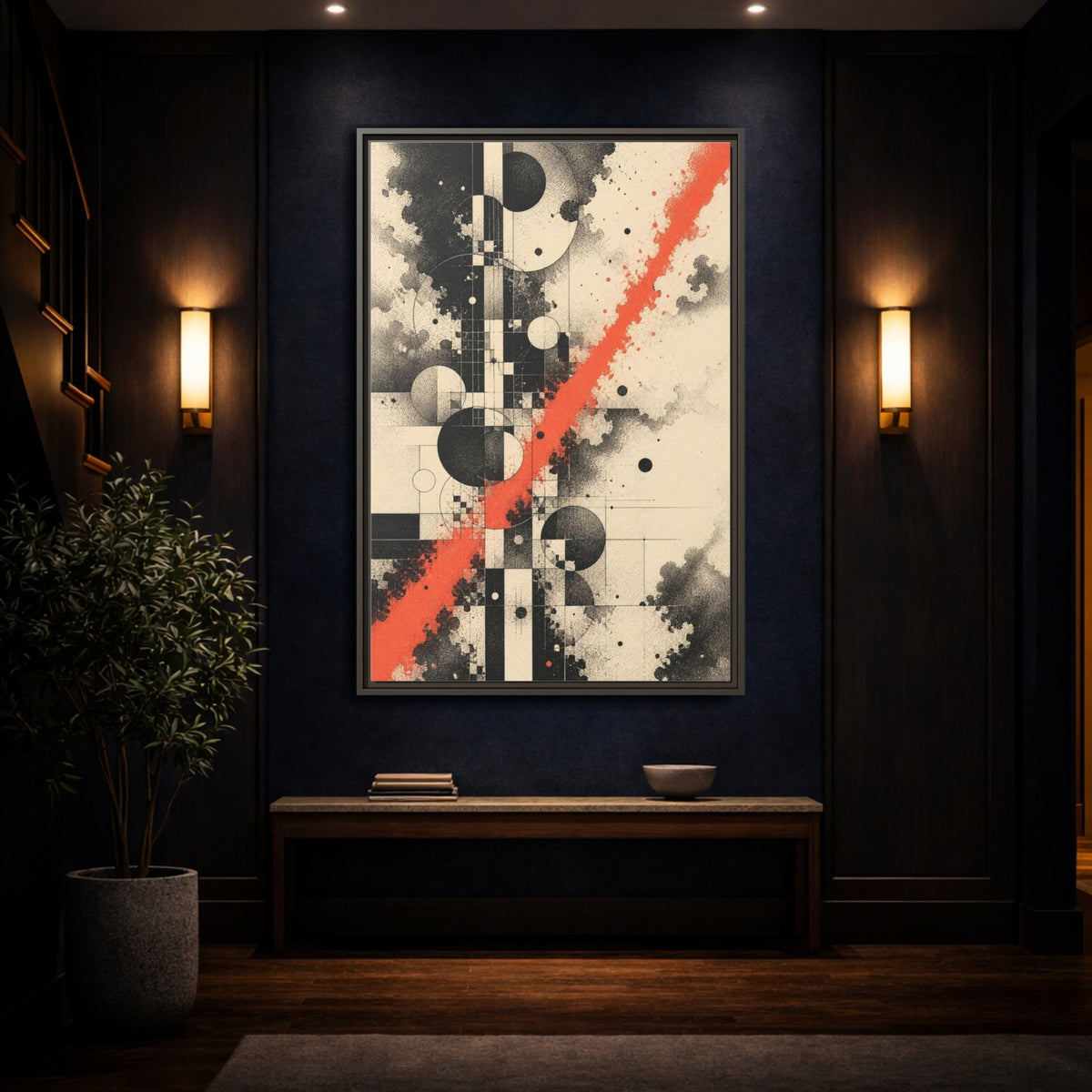 Mockup 4. Coral Diagonal Geometric Grid shown as framed canvas print