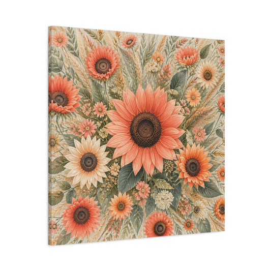 Main Mockup. Coral Sunflower Flowers shown as canvas print