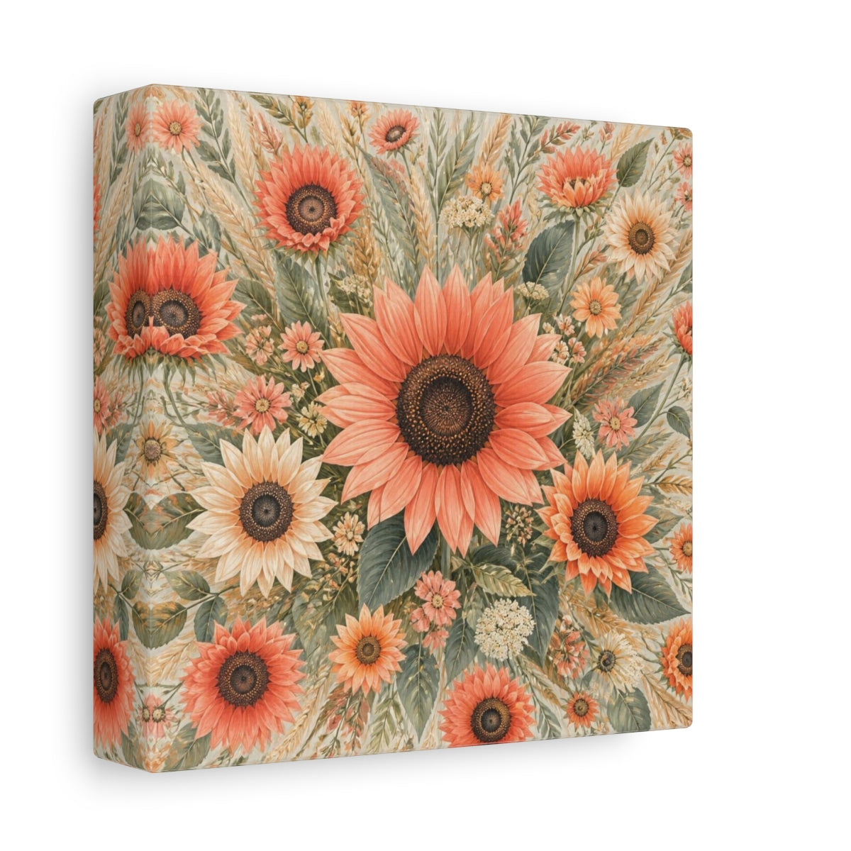 Side Mockup 2. Coral Sunflower Flowers shown as canvas print