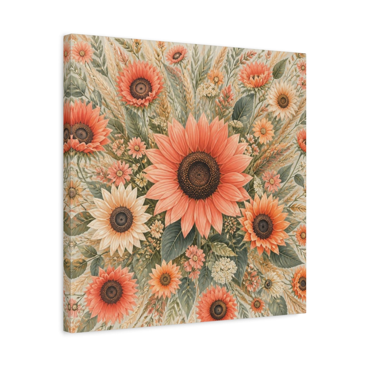 Side Mockup 5. Coral Sunflower Flowers shown as canvas print