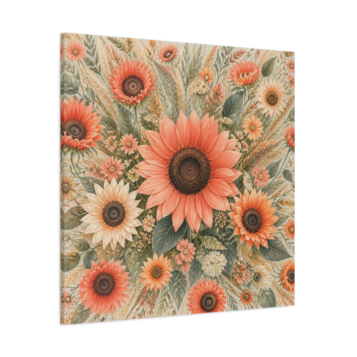 Side Mockup 1. Coral Sunflower Flowers shown as canvas print