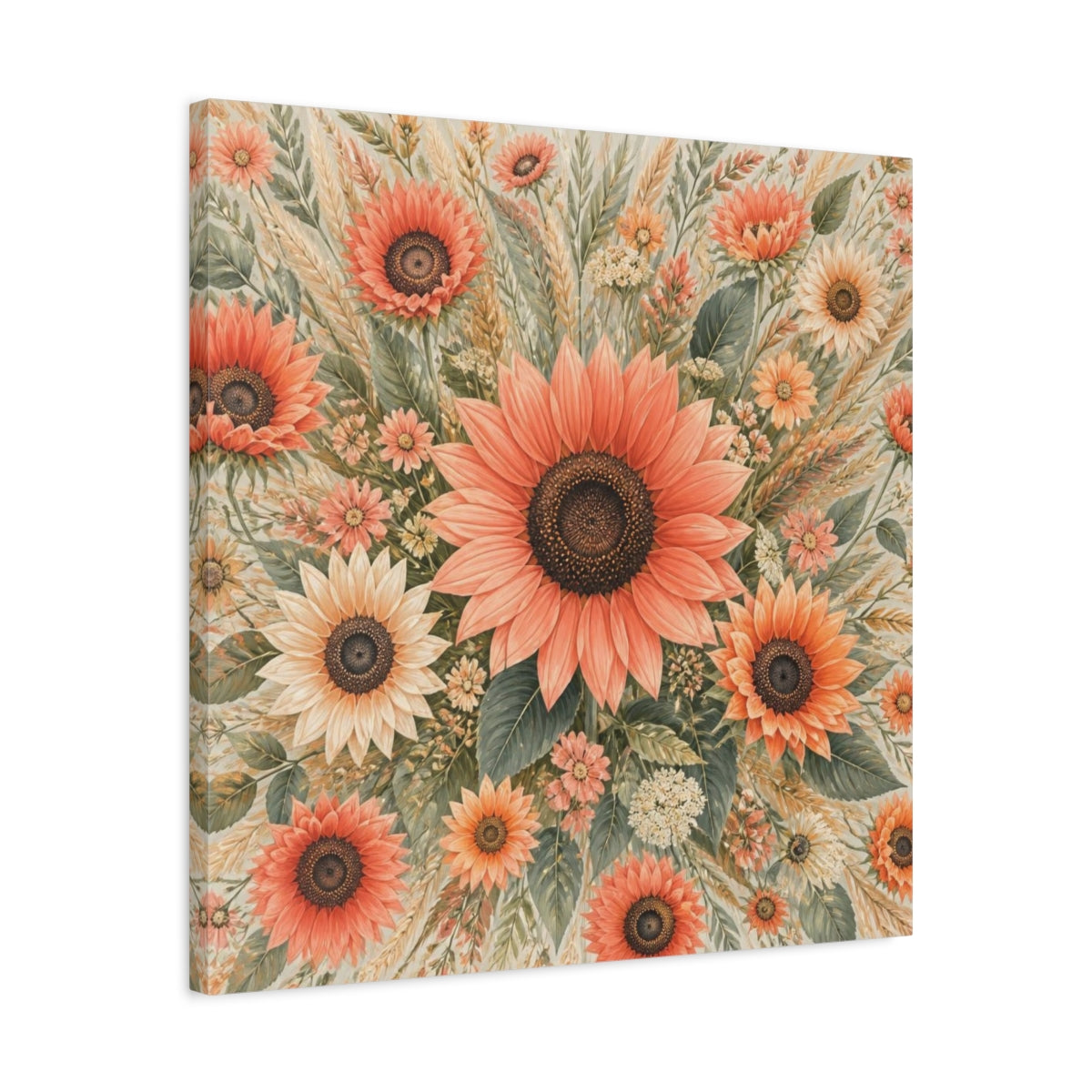 Side Mockup 4. Coral Sunflower Flowers shown as canvas print