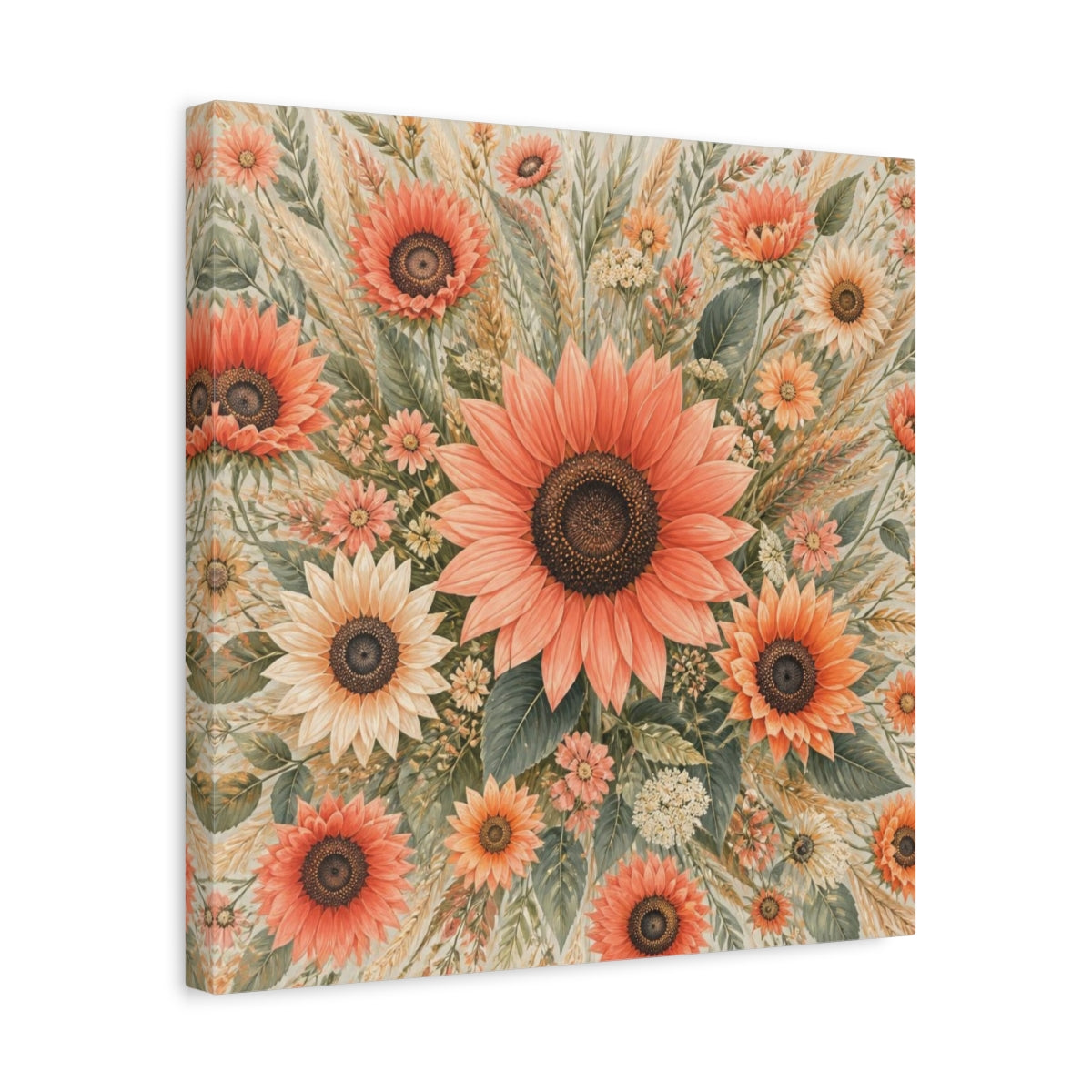 Side Mockup 6. Coral Sunflower Flowers shown as canvas print