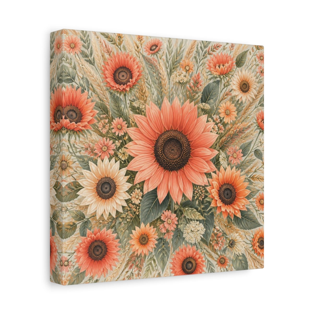 Side Mockup 9. Coral Sunflower Flowers shown as canvas print