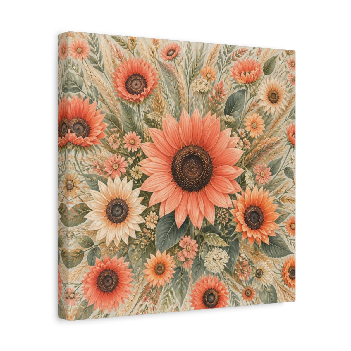 Side Mockup 7. Coral Sunflower Flowers shown as canvas print