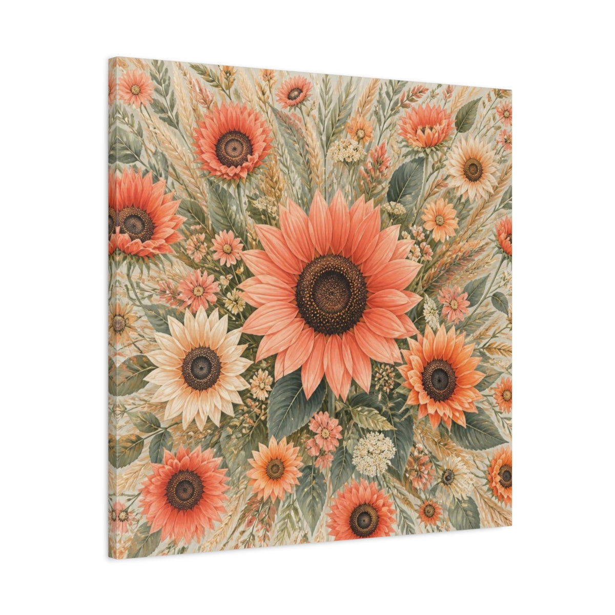 Side Mockup 3. Coral Sunflower Flowers shown as canvas print