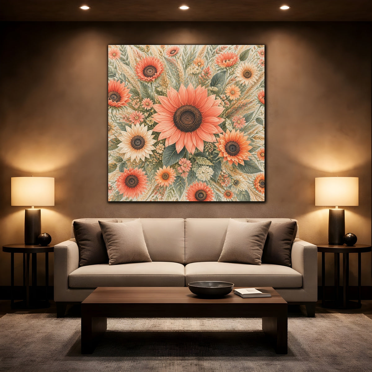 Mockup 2. Coral Sunflower Flowers shown as canvas print