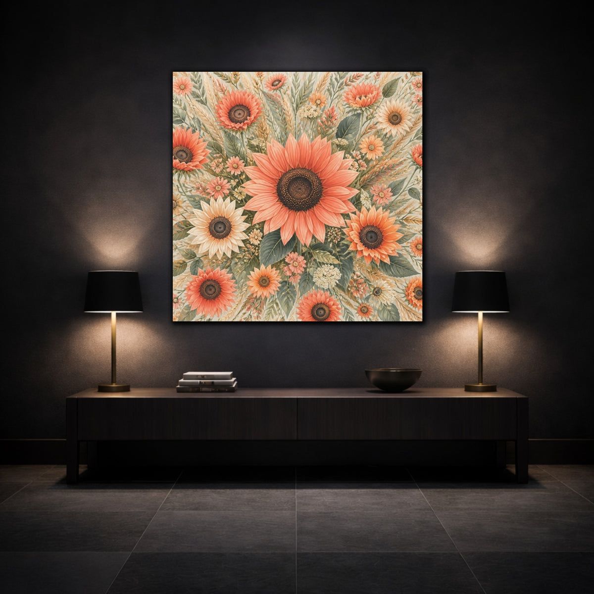 Mockup 3. Coral Sunflower Flowers shown as canvas print