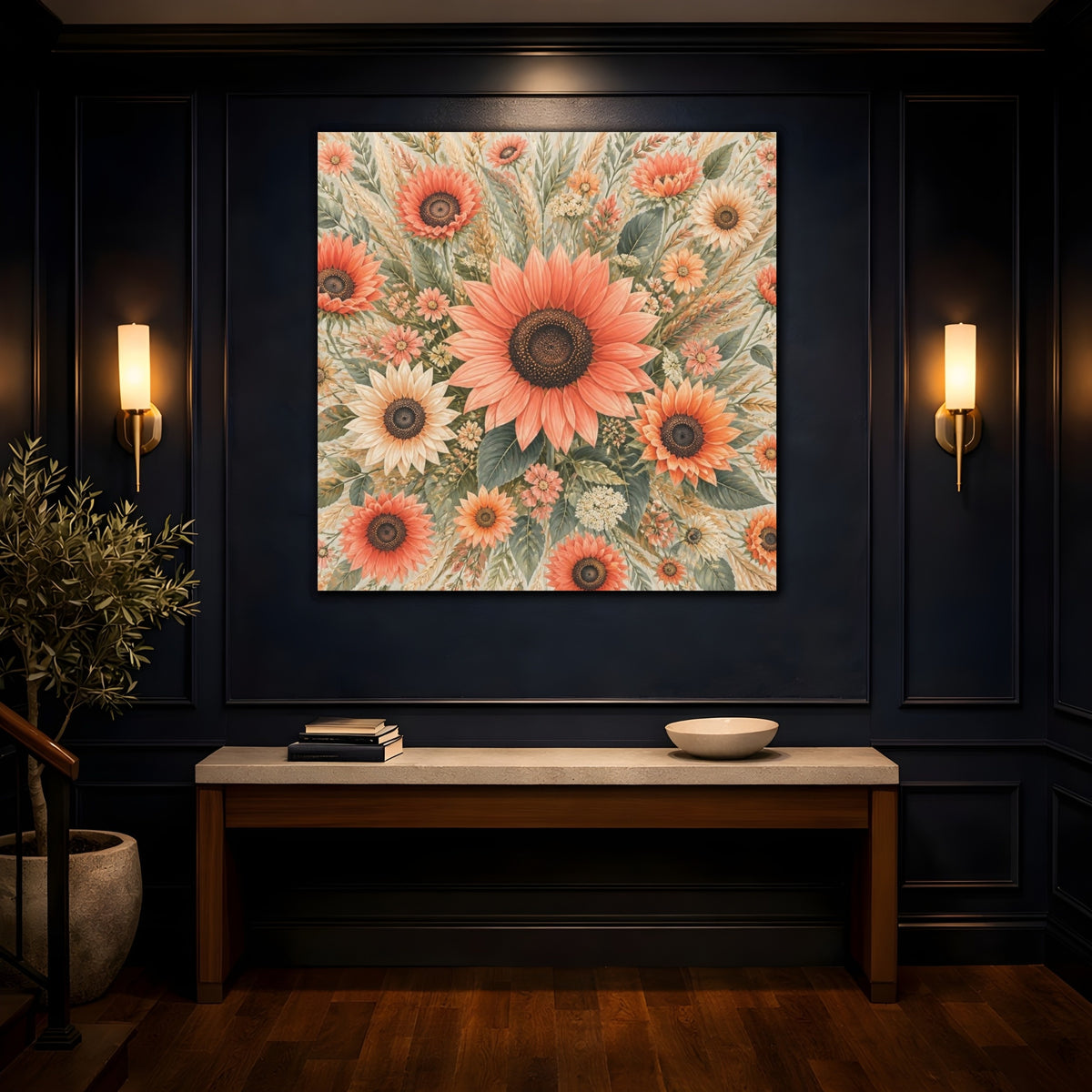Mockup 4. Coral Sunflower Flowers shown as canvas print